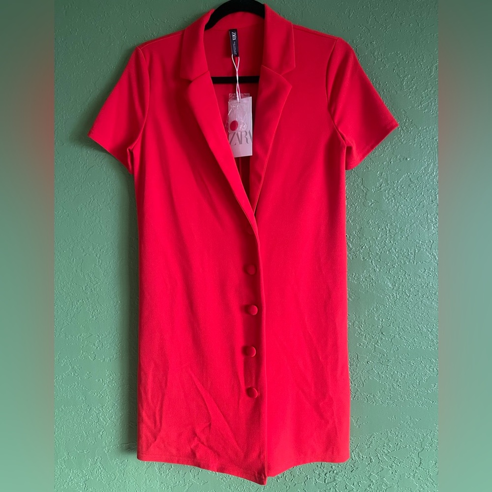 Zara Red/Orange Collared Button Down Short Sleeved Dress